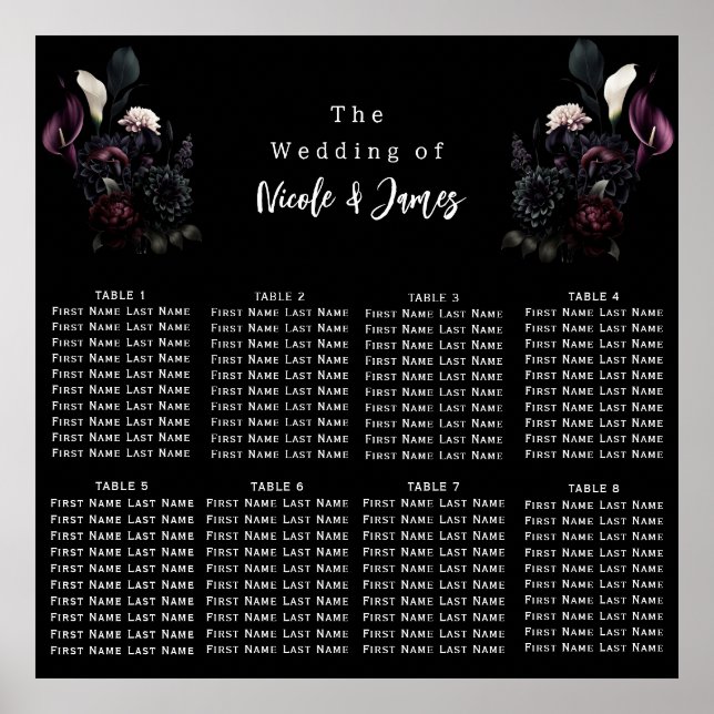 Dark Moody Romantic Floral Wedding Chart Poster (Vorne)