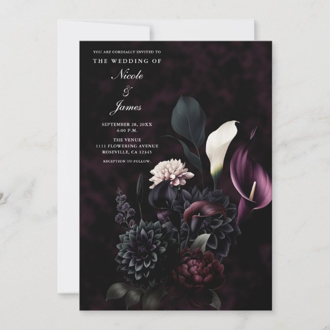 Dark Moody Romantic Floral Wedding Einladung (Vorderseite)