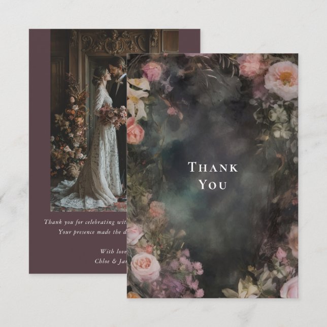 Dark Moody Romantic Floral Wedding Foto Dankeskarte (Vorne/Hinten)