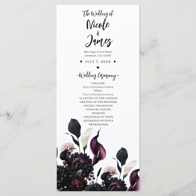 Dark Moody Romantic Floral Wedding Programme (Devant)