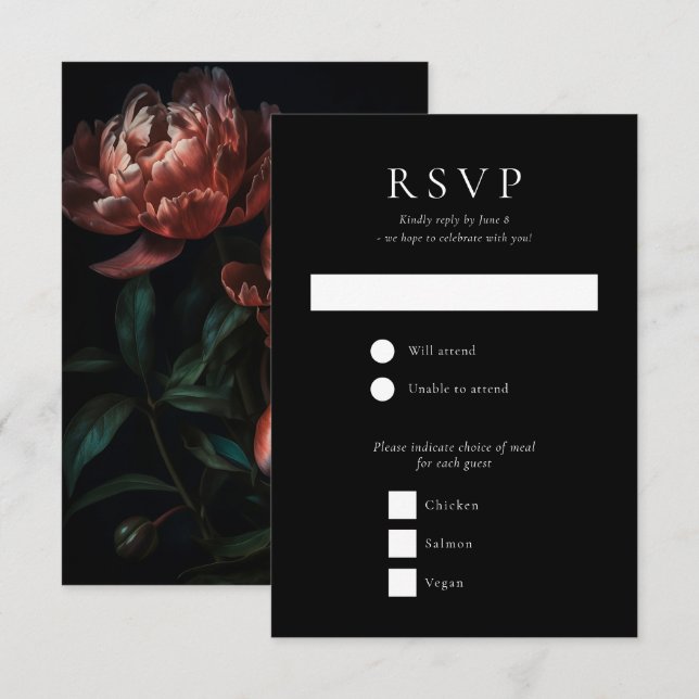 Dark Moody Romantic Gothic Blume Hochzeit RSVP Karte (Vorne/Hinten)