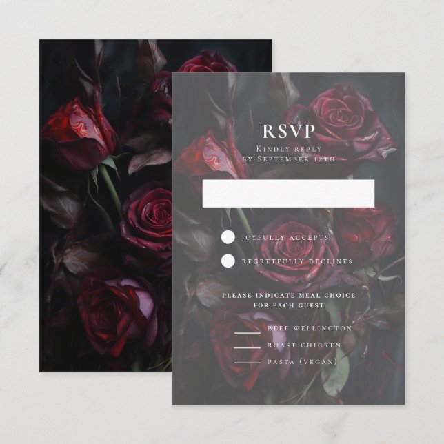 Dark Moody Romantic Rose Hochzeitessen Wahl RSVP Karte (Vorne/Hinten)