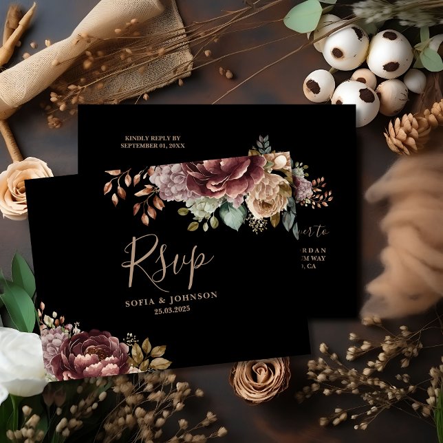 Dark Moody Rose Fall Winter Floral Wedding Rsvp Postkarte (Von Creator hochgeladen)