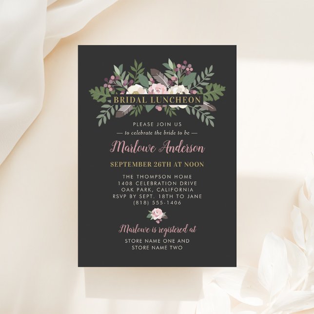 Dark Moody Rose Pink Floral Boho Bridal Luncheon Einladung (Von Creator hochgeladen)