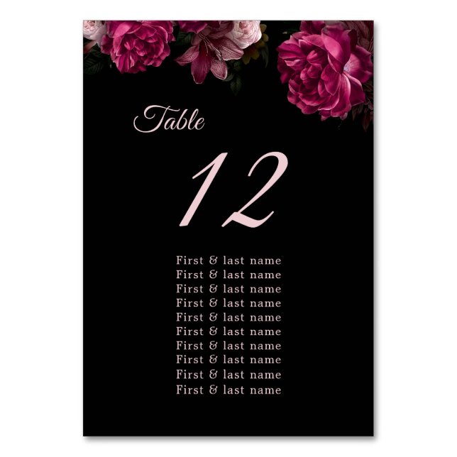  Dark Moody Roses Floral Wedding Seating Chart Tischnummer (Vorderseite)
