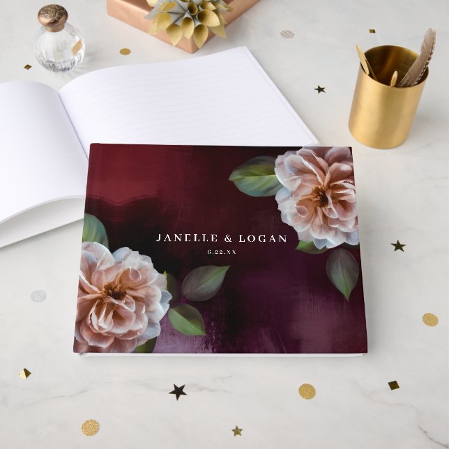 Dark + Moody Rustic Floral Wedding Gästebuch (Vorderseite Offen)