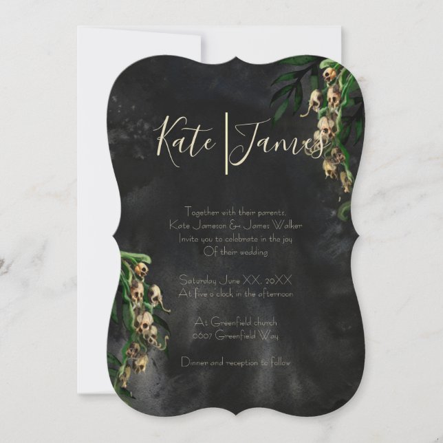 Dark & Moody Snapdragon Skulls Hochzeit Einladung (Vorderseite)
