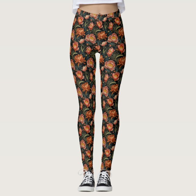 Dark & Moody Vibranly Orange Peony Blume Leggings (Vorderseite)