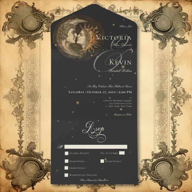 Dark Moody Viktorianisch Kissingmond & Sun Dinner All In One Einladung (Dark Moody Victorian Kissing Moon & Sun Dinner All In One Invitation)