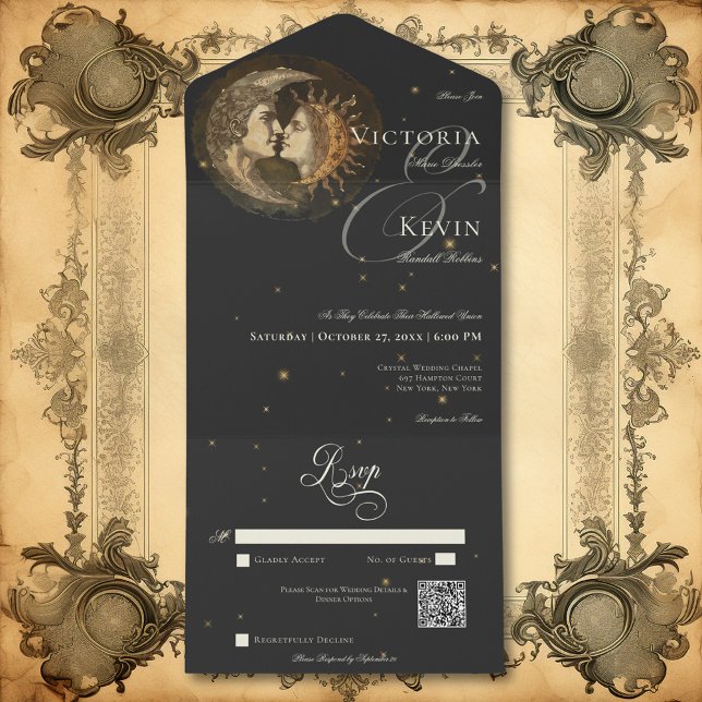 Dark Moody Viktorianisch Kissingmond & Sun QR-Code All In One Einladung (Dark Moody Victorian Kissing Moon & Sun QR Code All In One Invitation)