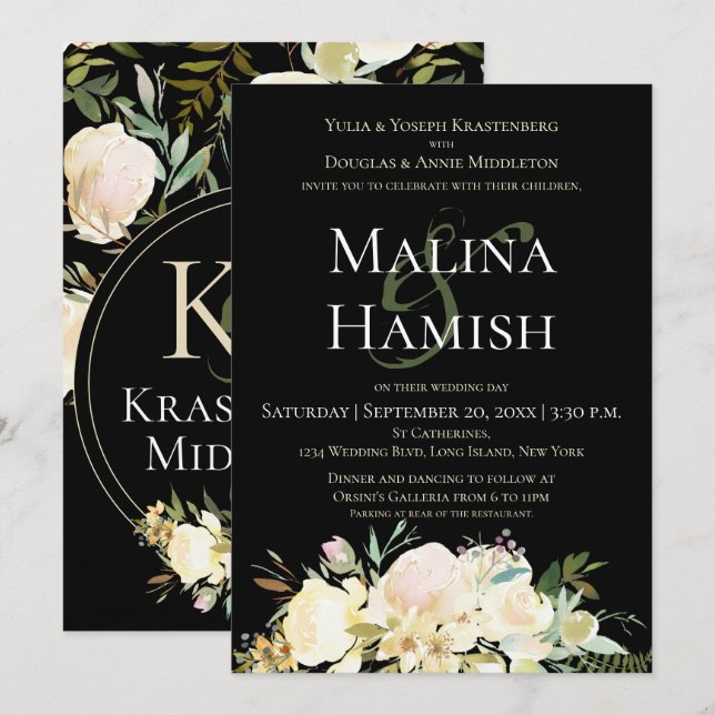 Dark & Moody Wedding Custom Monogram Cream Rose Einladung (Vorne/Hinten)