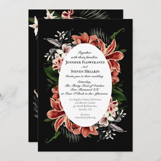 Dark Moody Wedding Einladung QR Code botanisch (Vorne/Hinten)