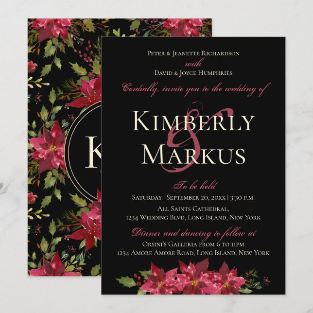 Dark Moody Wedding Monogram Claret Red Poinsettia Einladung (Vorne/Hinten)