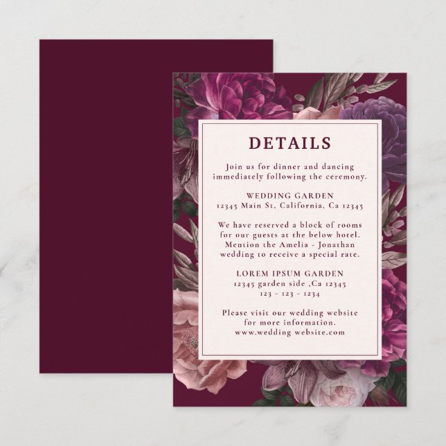 Dark Moody Winter Burgundy & Maroon Floral Wedding Begleitkarte (Vorne/Hinten)
