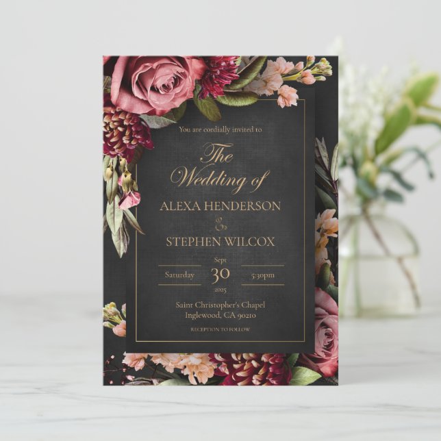 Dark Moody Winter Floral Wedding Einladung (Stehend Vorderseite)