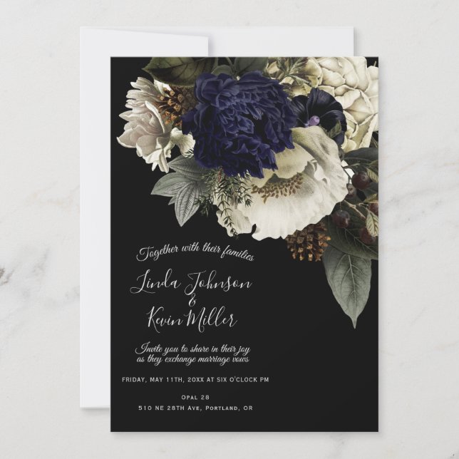 Dark Moody Winter Floral Wedding Einladung (Vorderseite)