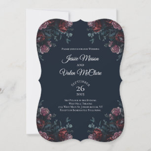 Dark Navy Blue Floral Elegant Wedding Maroon Mauve Einladung