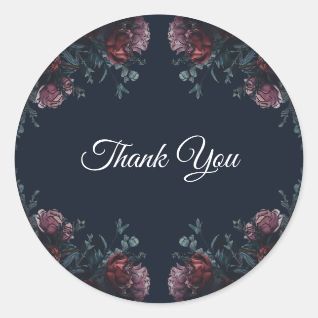 Dark Navy Blue Floral Elegant Wedding Maroon Mauve Runder Aufkleber (Vorderseite)