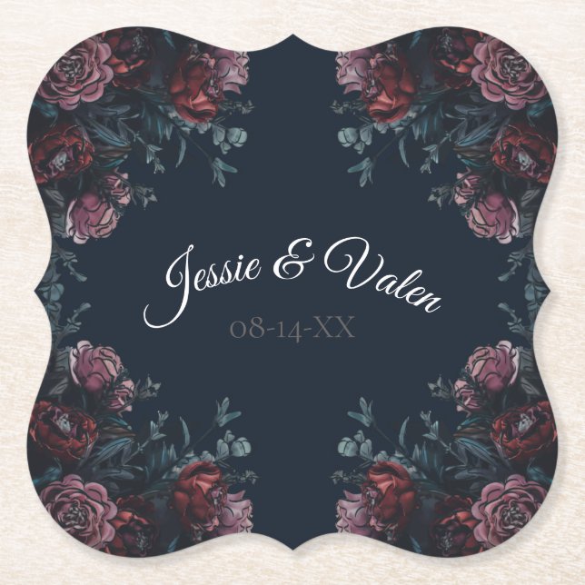 Dark Navy Blue Floral Elegant Wedding Maroon Mauve Untersetzer (Vorderseite)