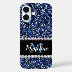 Dark Navy Blue Glitzer & Edelsteine, Name und Mono iPhone 16 Hülle