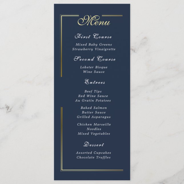 Dark Navy Blue Gold Frame White Script Menu Choice Programm (Vorderseite)