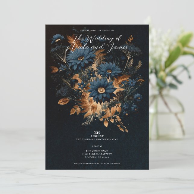 Dark Navy Blue & Gold Rustic Glam Boho Wedding Einladung (Stehend Vorderseite)