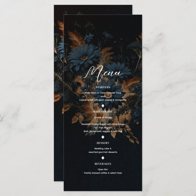 Dark Navy Blue Gold Rustic Glam Boho Wedding Menu Menükarte (Vorne/Hinten)