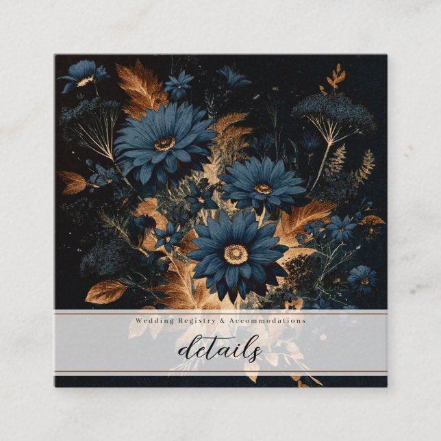 Dark Navy Blue & Gold Rustikaler Blumenglam Boho Quadratische Visitenkarte (Vorderseite)