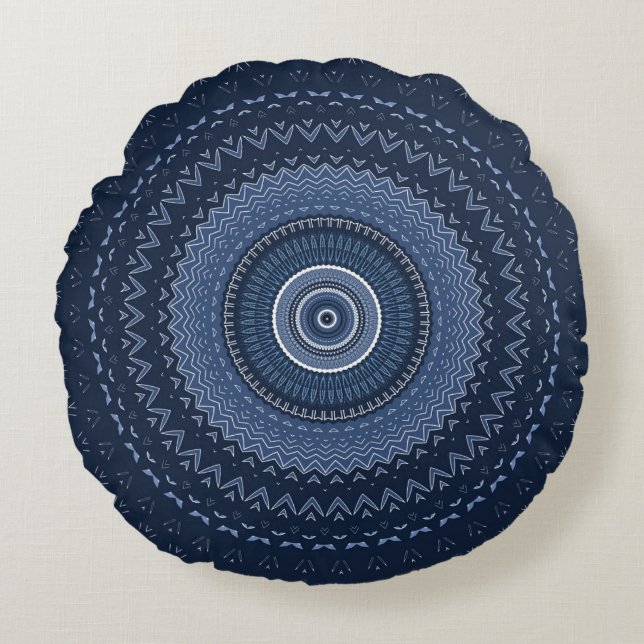 Dark Navy Blue Mandala  Rundes Kissen (Vorderseite)