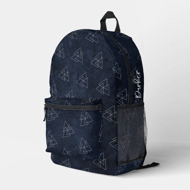 Dark Navy Blue Modern Geometric Patterns Name Bedruckter Rucksack (Rückseitige Ecke Rechts)