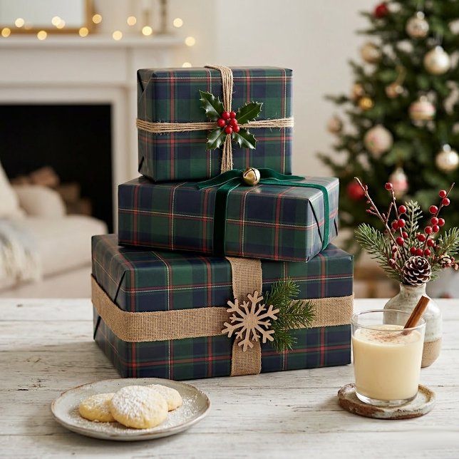 Dark Navy Blue Red Green Plaid Wrapping Paper Geschenkpapier (Von Creator hochgeladen)