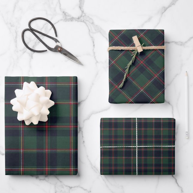 Dark Navy Blue Red Green Plaid Wrapping Paper Geschenkpapier Set (Vorderseite)