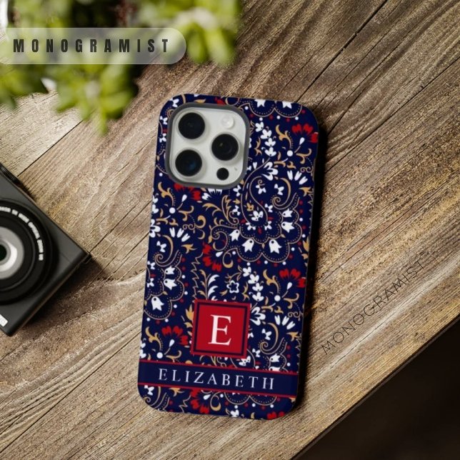 Dark Navy Blue White Paisley individuell einstellb iPhone 15 Pro Max Hülle (Customizable Dark Navy Blue Red White Paisley iPhone Case)
