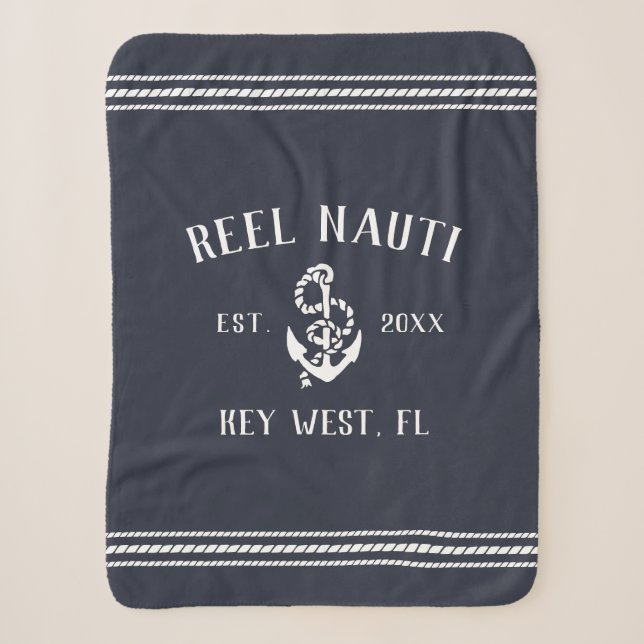 Dark Navy Blue & White Rustic Anchor Boat Name Sherpadecke (Vorderseite)