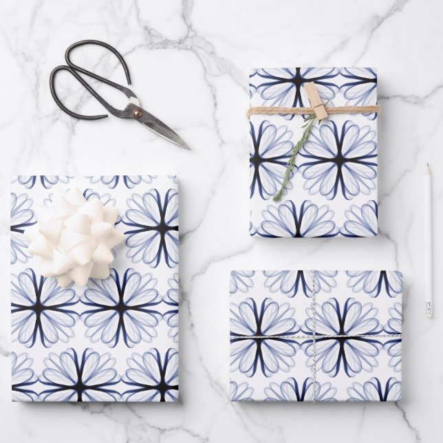 Dark Navy Blume Design anpassbarer Hintergrund Geschenkpapier Set (Vorderseite)