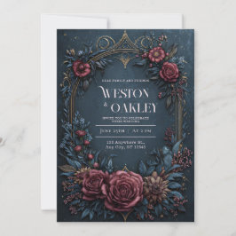 Dark Navy Burgundy Floral Antique Gold Wedding Einladung