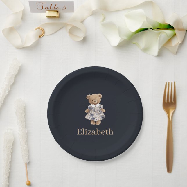 Dark Navy Custom Name Teddy Bear Girl Baby Shower Pappteller (Hochzeit)