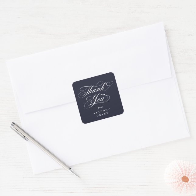 Dark Navy Eleganter Script-Abschluss Vielen Dank Quadratischer Aufkleber (Umschlag)
