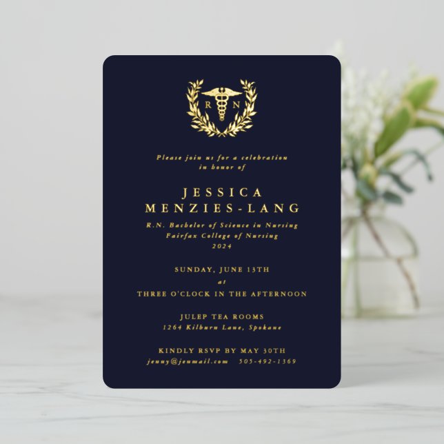Dark Navy Registriert Nurse Caduceus+Laurel Wreath Folieneinladung (Stehend vorne)