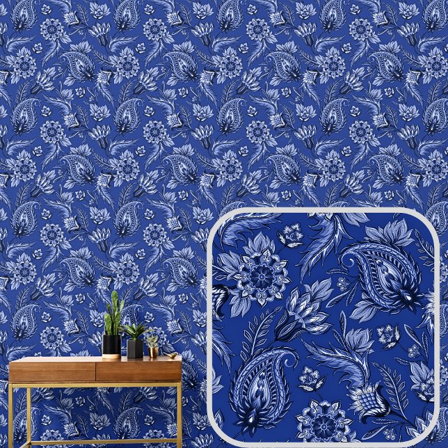 Dark Navy Royal Blue Floral Paisley Elegant Tapete (Von Creator hochgeladen)