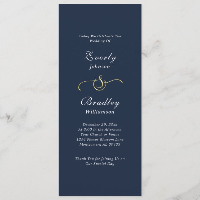 Dark Navy White Simple Script Elegante Hochzeit Programm (Vorderseite)