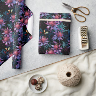 Dark Neon Tropical Purple Floral Pattern Geschenkpapier