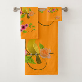 DarK Orange - Bird & Yellow Rose Badhandtuch Set