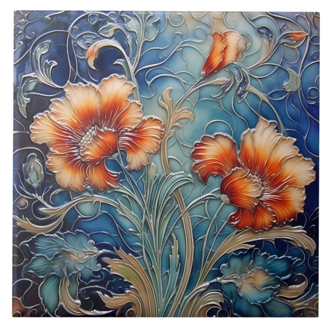 Dark Orange und Blue Art Nouveau Floral Motif Fliese (Vorderseite)
