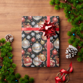 Dark Ornament Wrapping Paper with Silver, Gold Red Geschenkpapier