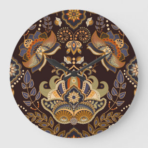 Dark Paisley: Floral Indian Seamless. Große Wanduhr