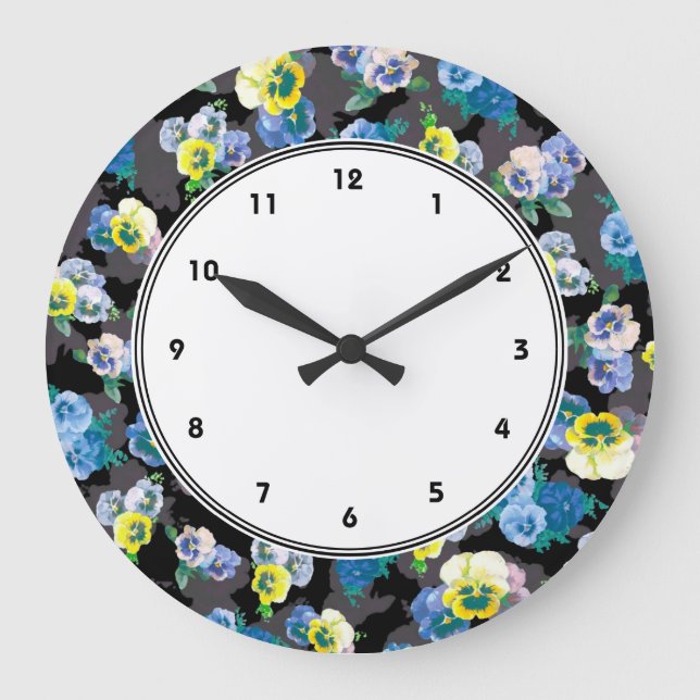 Dark pansies elegant flower print große wanduhr (Vorderseite)