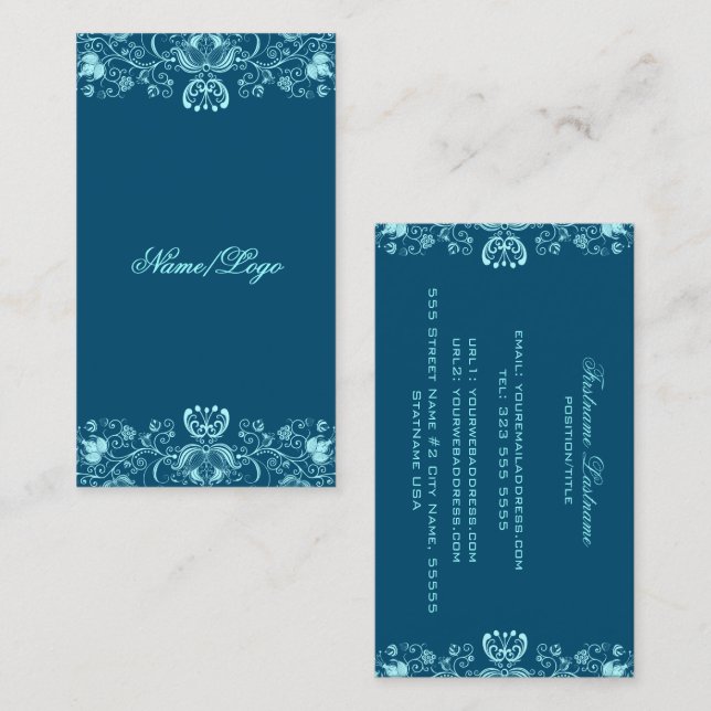 Dark & Pastel Blue Floral Wirbel Business Card Visitenkarte (Vorne/Hinten)