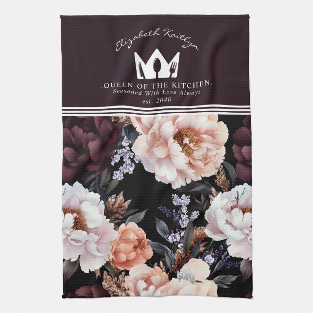 Dark Peonies Floral Pattern | Königin der Küche Geschirrtuch (Vertikal)
