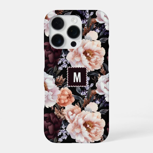 Dark Peonies Floral Pattern | Monogramm iPhone 16 Pro Hülle (Rückseite)
